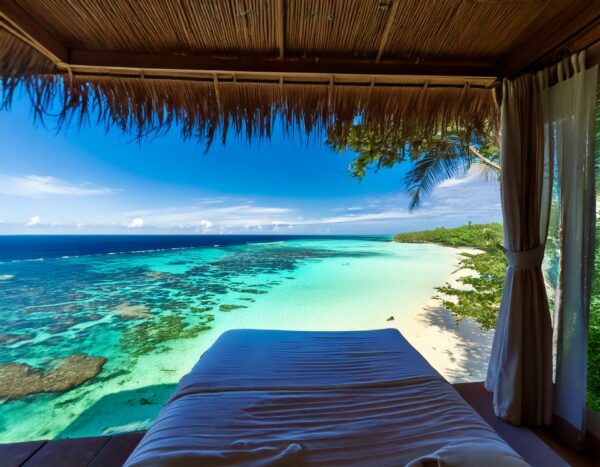白い砂浜、リーフ、サンゴ礁を一望するヴィラ